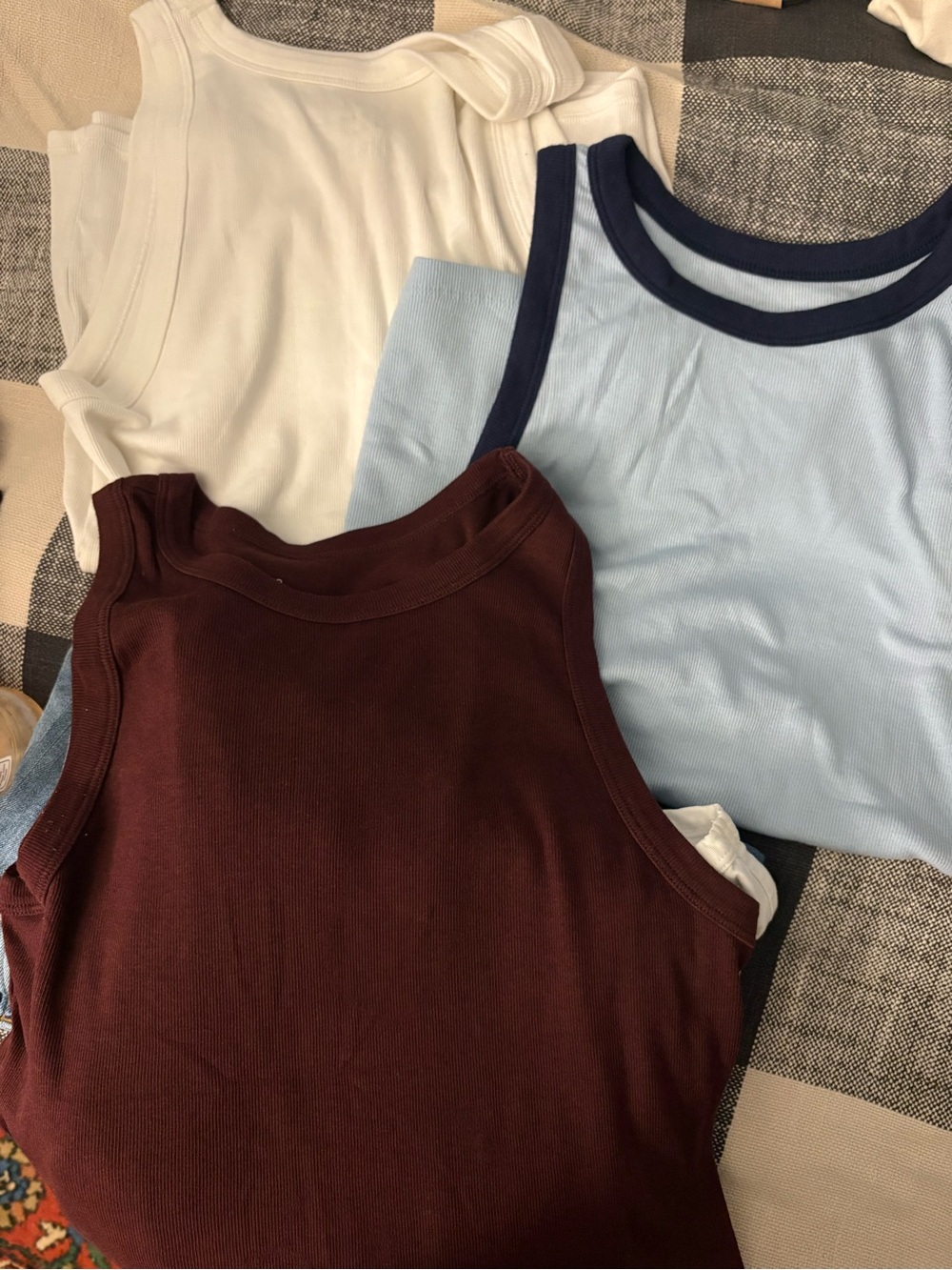 Target Set of 3 Ribbed Tank Tops - White, Light Blue with Navy Trim, Burgundy